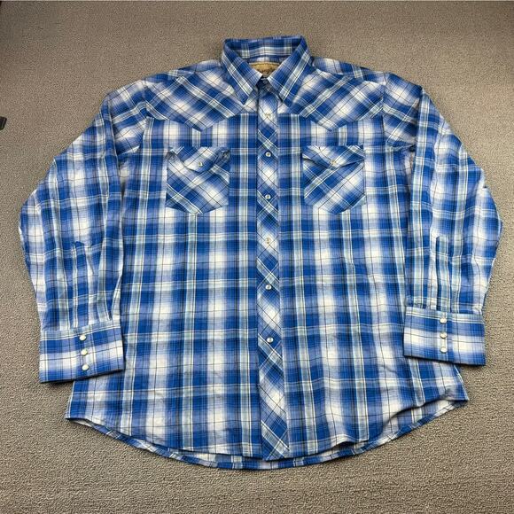 Wrangler Shirt Men's Medium Long Sleeve Pearl Snap Blue Plaid Cowboy Western - Picture 1 of 8